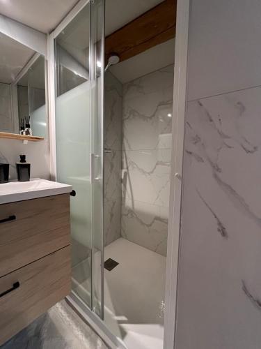 La salle de bains est pourvue d'une douche et de murs en marbre. dans l'établissement Studio au bord du canal du midi, à Carcassonne