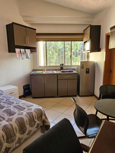 Habitación con cama y cocina con fregadero en Habitación #2 TALPA CASA GILTOWN, en Guadalajara