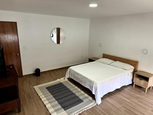 a bedroom with a bed and a mirror on the wall at Nice apartment in Las Lomas in Mexico City