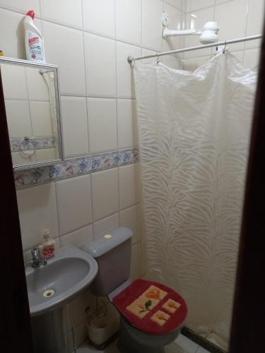 a bathroom with a shower and a toilet and a sink at Ótima Casa em Muriqui in Mangaratiba
