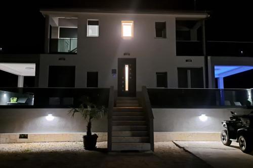 a house at night with a plant in front of it at Family friendly house with a swimming pool Maslenica, Novigrad - 24641 in Maslenica