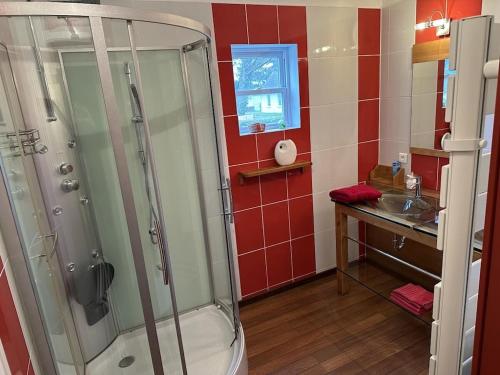 une salle de bain avec douche et lavabo dans l'établissement The Red House near the beach, à Denneville-Plage