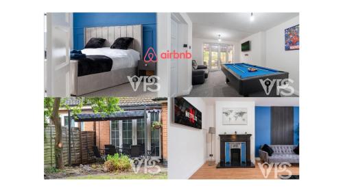 a collage of pictures of a bedroom with a bed and a pool table at Contractors Family Near Hospital in Leicester