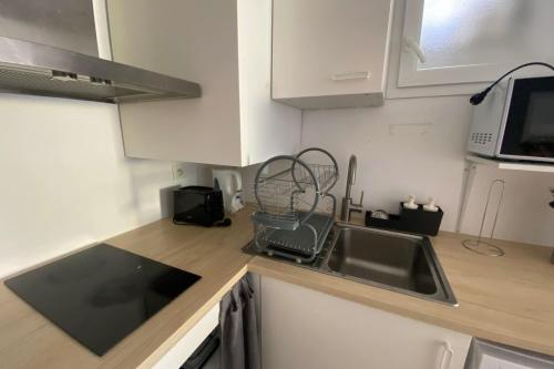 une cuisine avec un évier et un micro-ondes dans l'établissement The Little Cambo, à Cambo-les-Bains