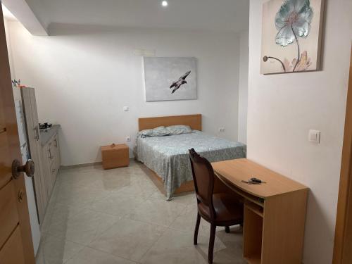 a bedroom with a bed and a desk and a table at Ap Emanuel in Praia