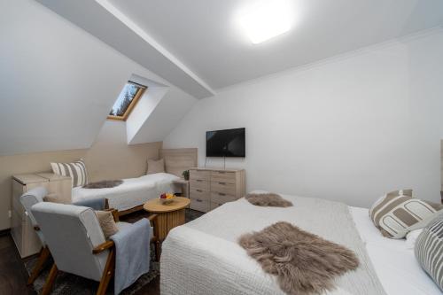 a hotel room with two beds and a tv at Anenský Apartmán C303 s wellness , O2 TV a stabilní rychlou WIFI, s možností dokoupení bufetových snídaní a s možností dokoupení masáží in Harrachov