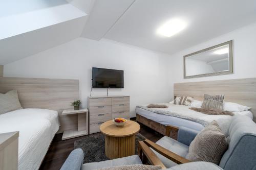 a living room with two beds and a couch at Anenský Apartmán C303 s wellness , O2 TV a stabilní rychlou WIFI, s možností dokoupení bufetových snídaní a s možností dokoupení masáží in Harrachov