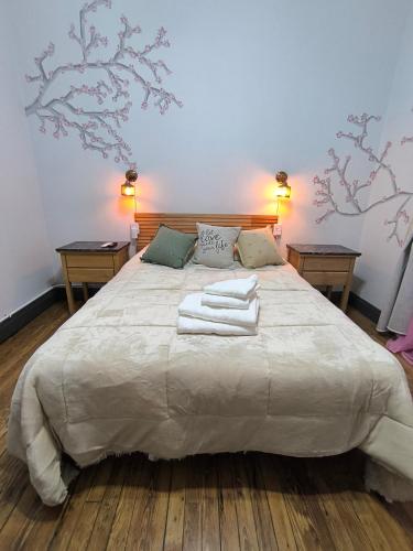 Un dormitorio con una cama grande con toallas. en Magic dreams san telmo, en Buenos Aires