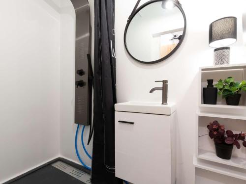 une salle de bain avec un lavabo et un miroir dans l'établissement Studio rénové au pied des pistes, idéal famille - FR-1-296-518, à Saint-Lary-Soulan