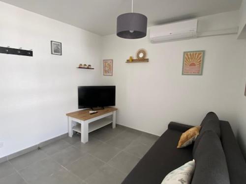 un salon avec un canapé et une télévision dans l'établissement Superbe T2 Climatisé avec Terrasse - 4 Pers, Ascenseur, Parking Privé, à 400m de la Plage - FR-1-727-15, à Port-Leucate