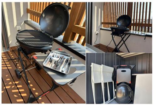 four pictures of a porch with a grill and a table at Nicostay Katsuura Beach in Fukuoka