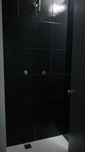 a bathroom with a shower with black tile at Wanderlust District in Mexico City