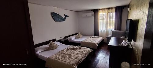 a room with two beds and a butterfly on the wall at Vila Hera in Eforie Sud