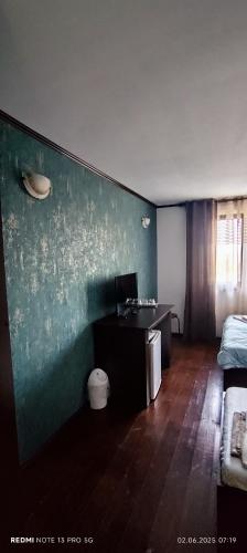 a room with a green wall with a sink and a bed at Vila Hera in Eforie Sud