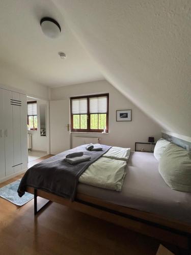 a bedroom with a large bed in a attic at Ostwind - ferienwohnungen & meer in Steffenshagen