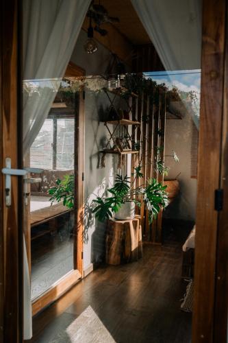a room with potted plants on the wall and a door at TỊNH Retreat Phu Quoc in Phu Quoc