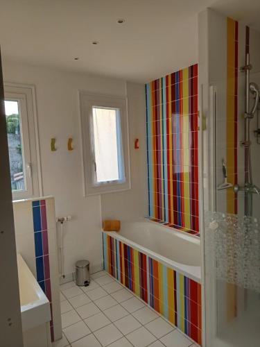 une salle de bain avec une douche colorée et une baignoire dans l'établissement Hébergement quartier historique, à Parthenay