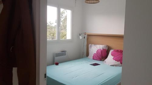 a bedroom with a bed with blue sheets and pink pillows at T3 bord de mer en Corse N130 in Linguizzetta