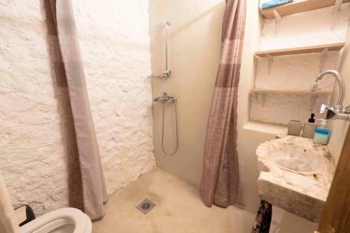 une salle de bain avec une douche avec des toilettes et un lavabo dans l'établissement Zois & Mavretta House, à Kariá