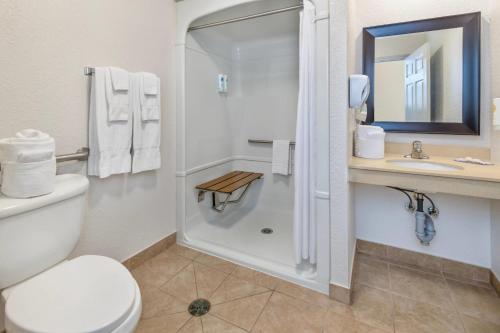 a bathroom with a shower and a toilet and a sink at Comfort Inn & Suites Thousand Islands Harbour District in Gananoque