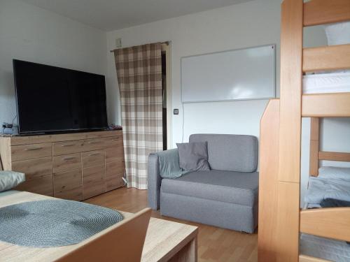 a living room with a couch and a flat screen tv at Komplette Wohnung Schwarzwaldpforte Casa BaLi direkte Buchung möglich keine Freigabe mehr erforderlich in Bad Liebenzell