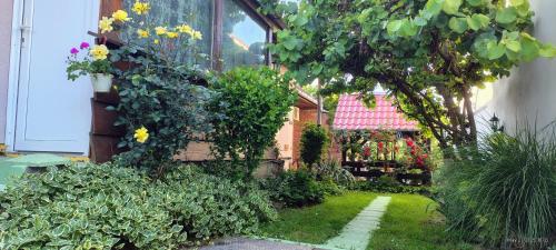a garden with flowers and a small house at Kod Komse in Srbobran