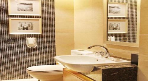 a bathroom with a sink and a toilet and a mirror at Radegast Hotel CBD in Beijing