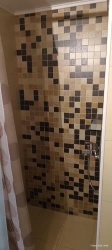 a bathroom with a shower with a tiled wall at Armira House in Nea Moudania