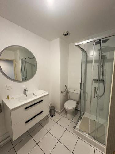 une salle de bain avec toilettes, lavabo et miroir dans l'établissement Villa Médicis Besançon, à Besançon