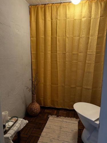 a bathroom with a shower with a yellow shower curtain at Simrishamn, Österlen - privat boende med egen ingång in Simrishamn