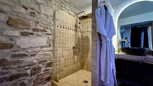 a bathroom with a shower with a stone wall at L'Excellence, Love-room en Avignon in Avignon