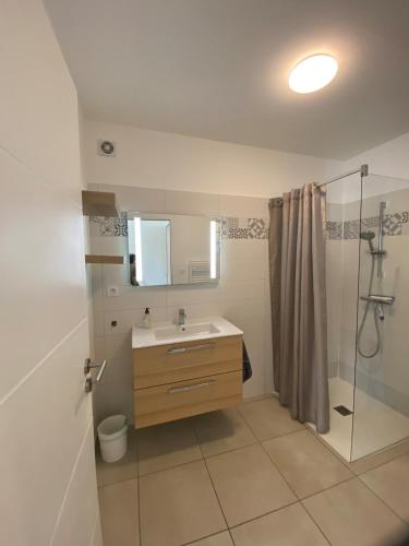 une salle de bain avec un lavabo et une douche dans l'établissement Villa contemporaine à 2 pas de la mer avec piscine privée, à Sainte-Marie-la-Mer