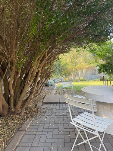 a white bench sitting next to a table and trees at 25 Young - 3 Bed, 1 Bath in Tanunda