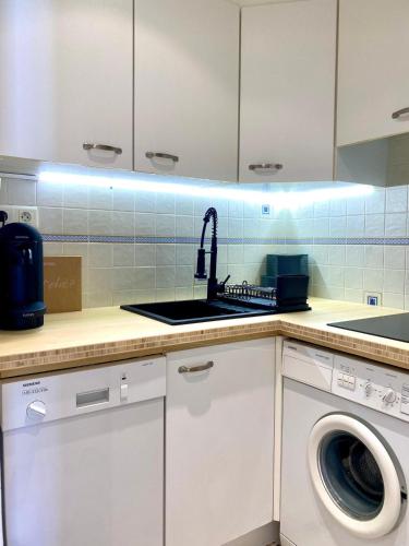 une cuisine avec un évier et une machine à laver dans l'établissement Stylish Cannes Gem, Terrace, Parking, 100m to Croisette, à Cannes