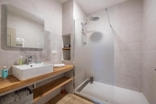 a bathroom with a sink and a shower at Le Soleil de Saint Patrice in Bayeux