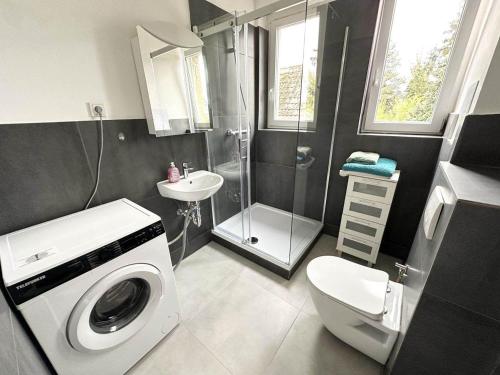 Un baño con lavadora y lavabo. en Work & Stay Apartment in Niederkassel, en Niederkassel