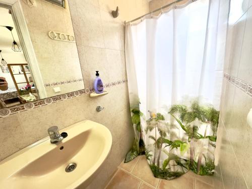 a bathroom with a sink and a window with plants at Estudio en el Castillo de Denia in Denia