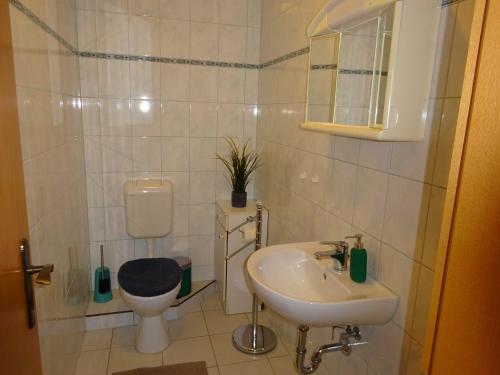 a bathroom with a sink and a toilet at Ferienwohnung Pfanne in Großkoschen