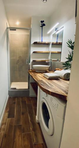 - une buanderie avec un lave-linge et une douche dans l'établissement L'Escale Marseillaise, à Marseille