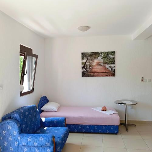 a room with a bed and a blue couch at Apartmani Kolovic Susanj in Bar