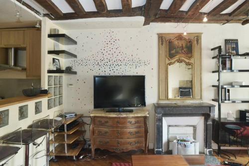 un salon avec une télévision et une cheminée dans l'établissement Le Reflet du Temps, à Paris