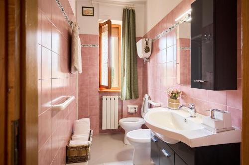 a pink bathroom with a sink and a toilet at Villa PoliFlora in Monticchiello
