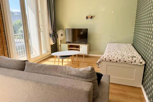 un salon avec un canapé et une table dans l'établissement Spacious apartment - near park, à Montpellier