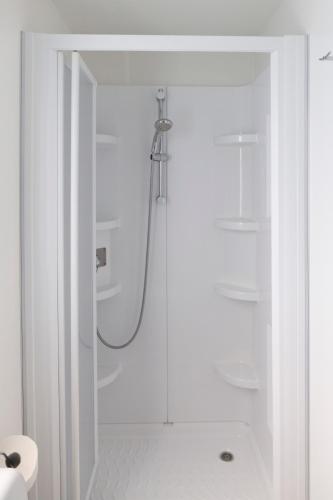 a shower with a glass door in a bathroom at Camping Rose in Dormelletto