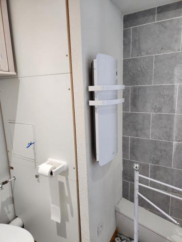 a small bathroom with a toilet and a shower at 2-bed appt 20 mins from Morzine Portes du Soleil French Alps in La Baume