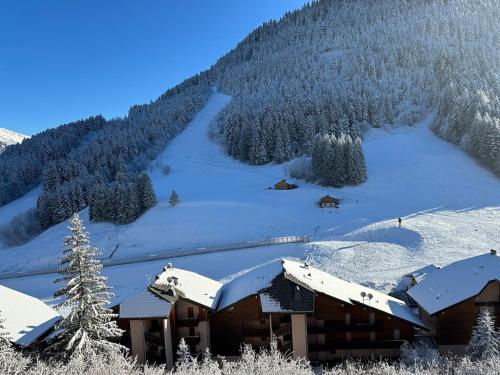 a ski lodge with snow on a mountain at 2-bed appt 20 mins from Morzine Portes du Soleil French Alps in La Baume