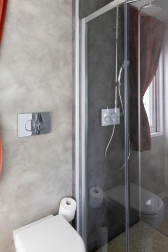 a bathroom with a toilet and a glass shower at Camping Rose in Dormelletto