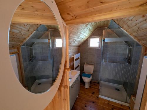 La salle de bains est pourvue d'une baignoire, de toilettes et d'un miroir. dans l'établissement Gîtes en bord de Saône avec hébergements insolites climatisés - FR-1-583-393, à Mantoche