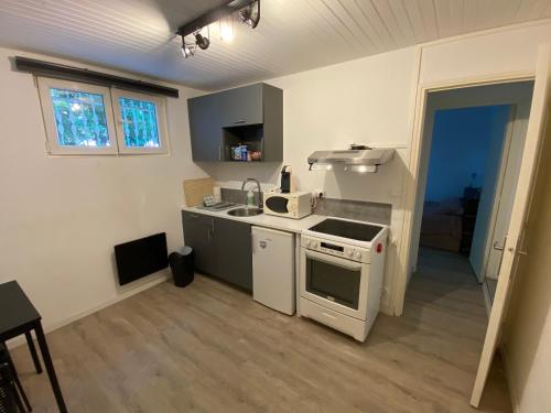 une cuisine avec un évier et une cuisinière four supérieur dans l'établissement Studio avec terrasse privative, à Marseille