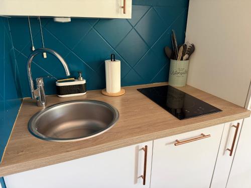 un comptoir de cuisine avec un évier en acier inoxydable dans l'établissement Appart cosy - terrasse - clim - piscine, à Roquebrune-sur Argens